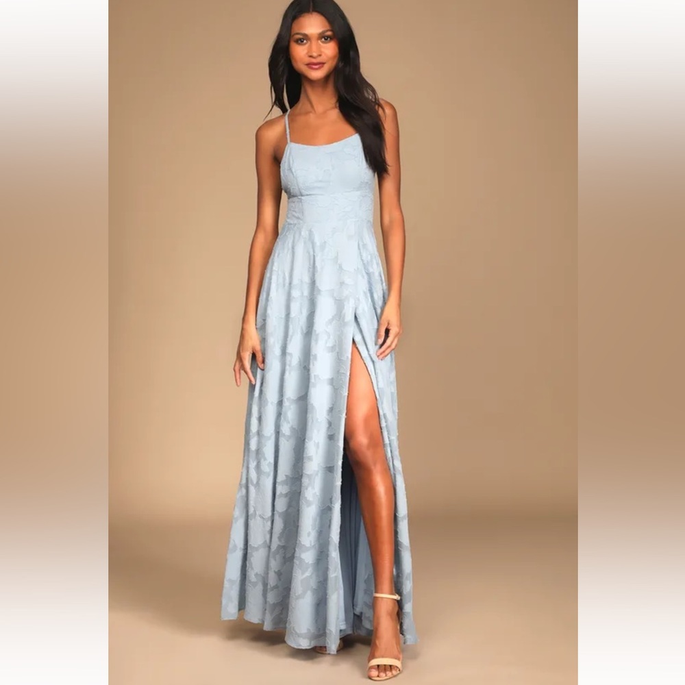 Lulu’s Let There Be Romance Slate Blue Burnout Floral Maxi Dress